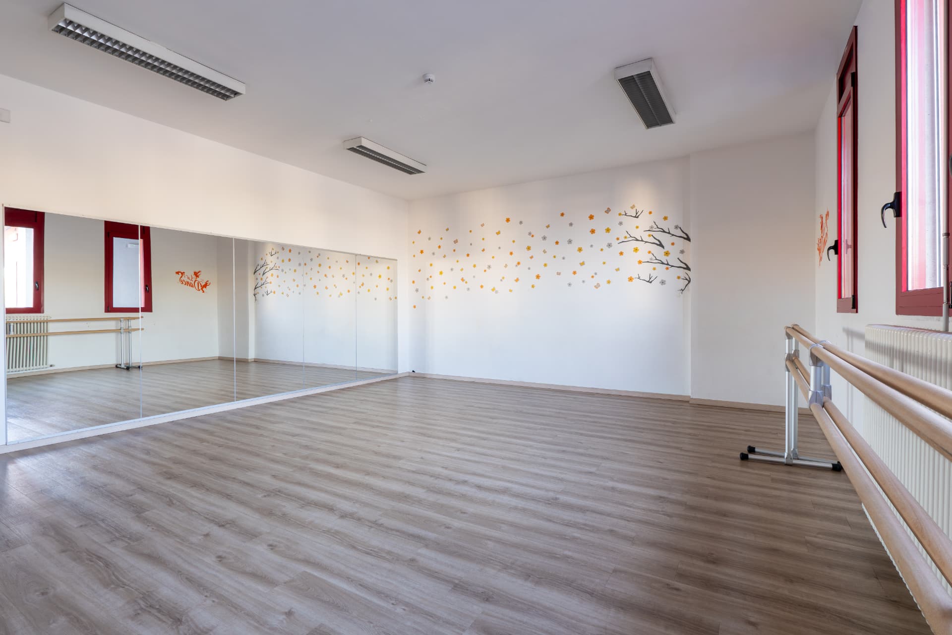 Sala danza luminosa con parquet, specchi e sbarre